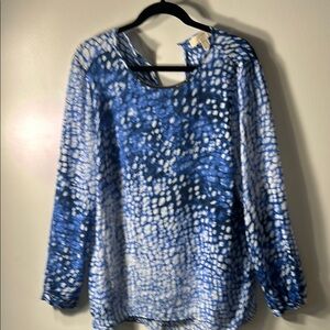 KORS Michael Kors Blue and White Round Neck Long Sleeve Blouse